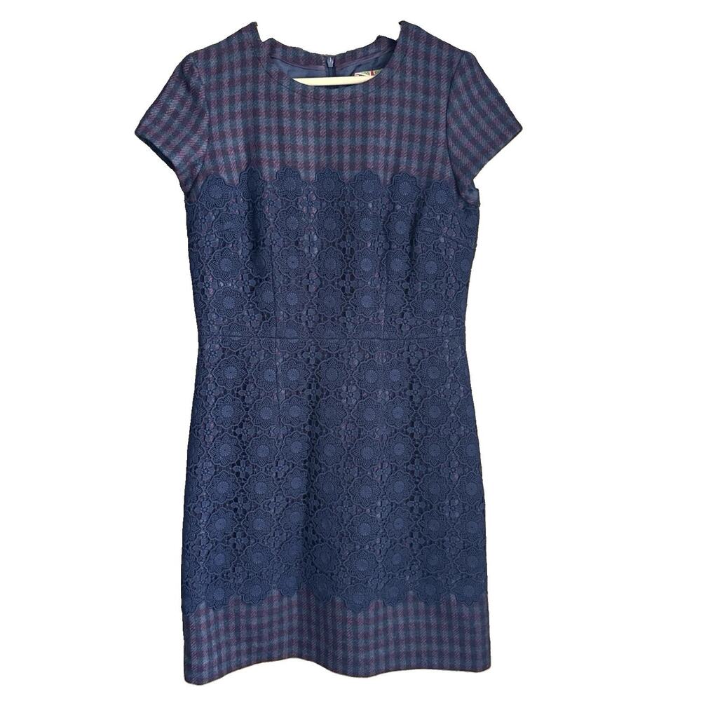 Boden British Tweed by MOON Wool Shift Dress 8R Navy Purple Plaid Lace Overlay
